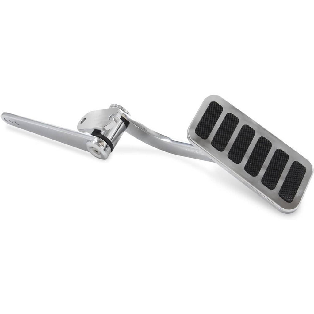 Polished aluminum gas pedal with black ribbed pad and pivot mounting base