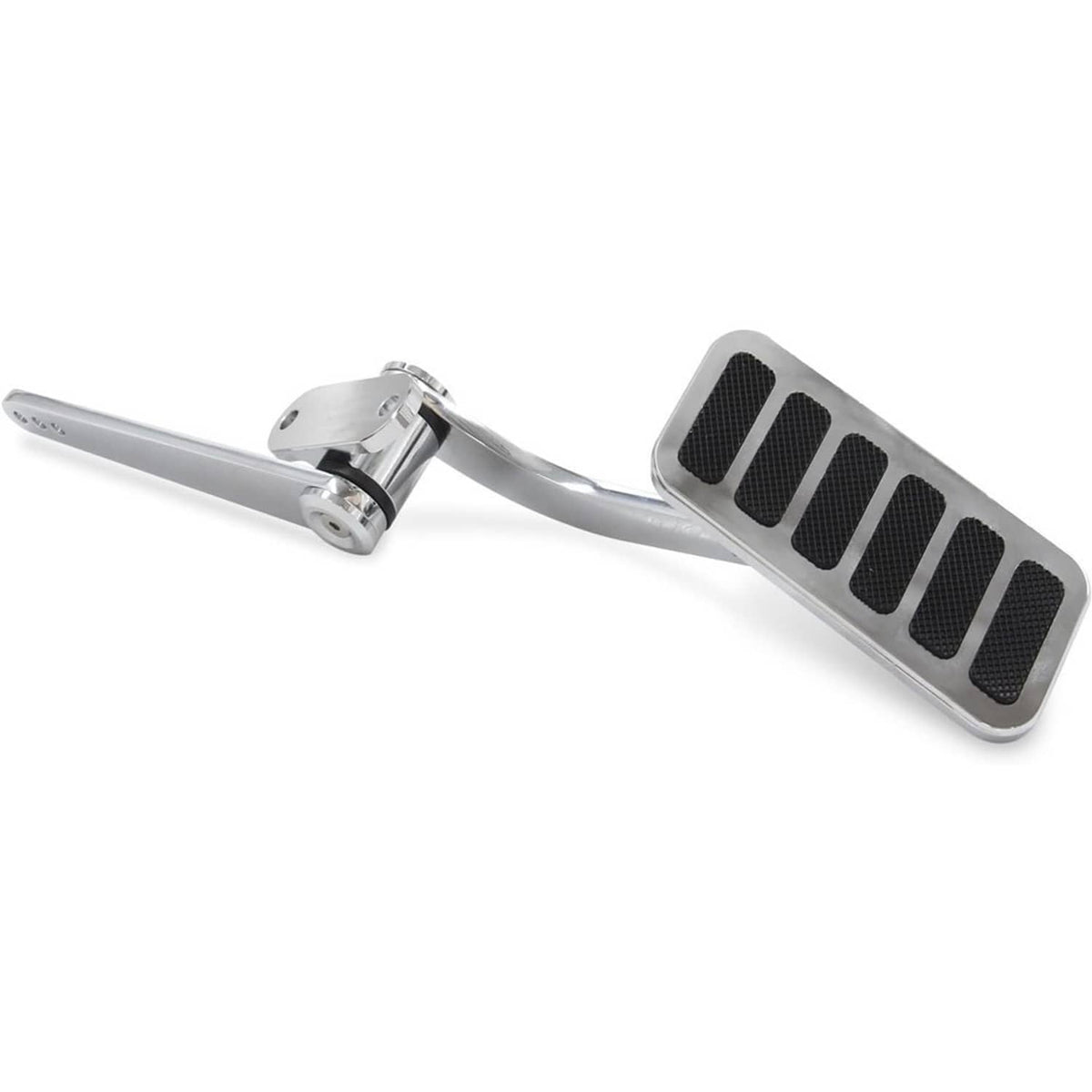 Polished aluminum gas pedal with black ribbed pad and pivot mounting base
