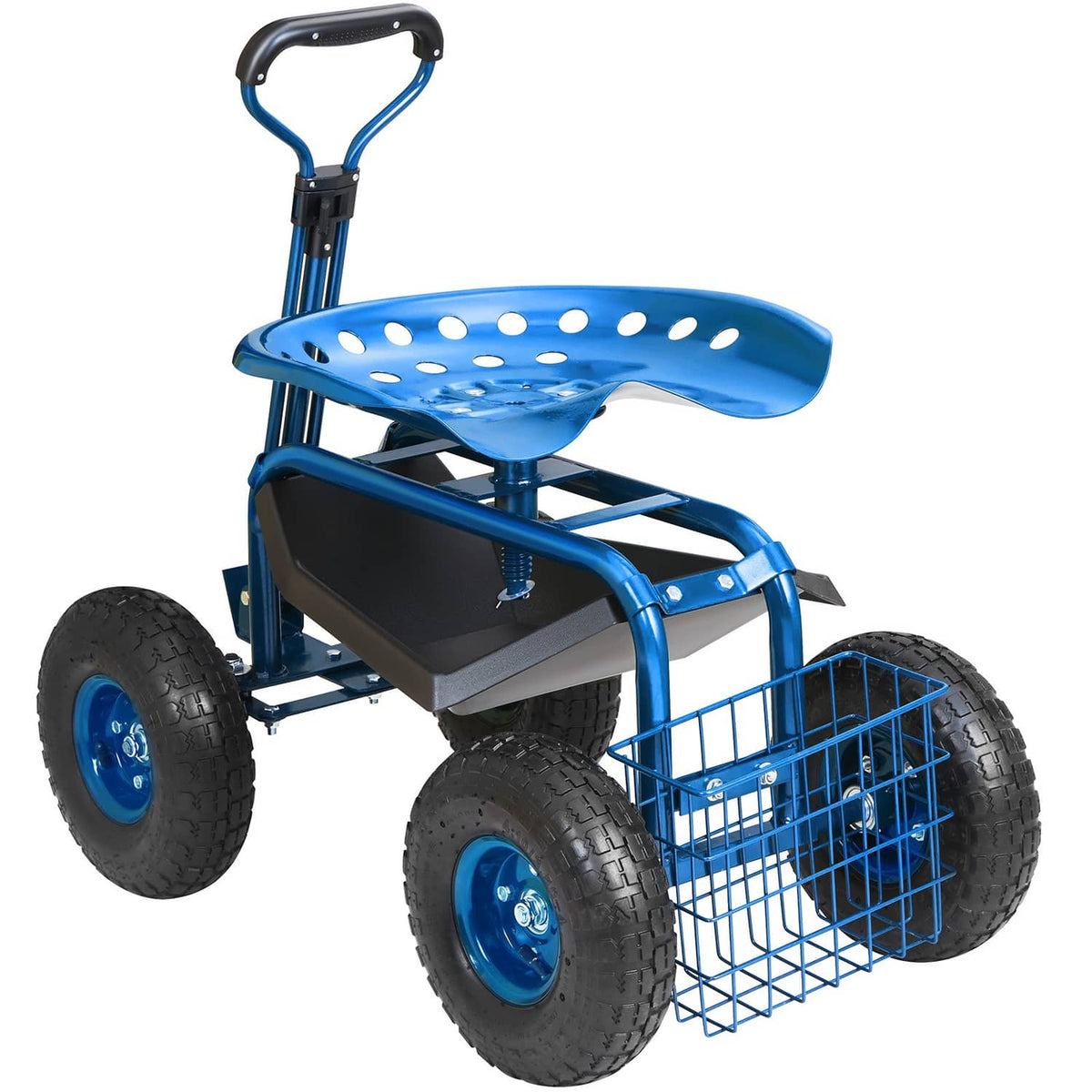 Blue garden cart with seat and wire front basket, four large wheels, curved handle.