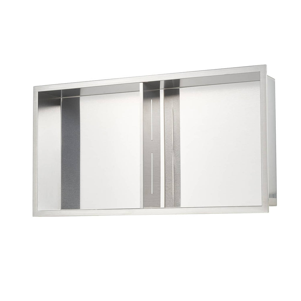 Recessed stainless steel shower niche shelf back view with interior dividers