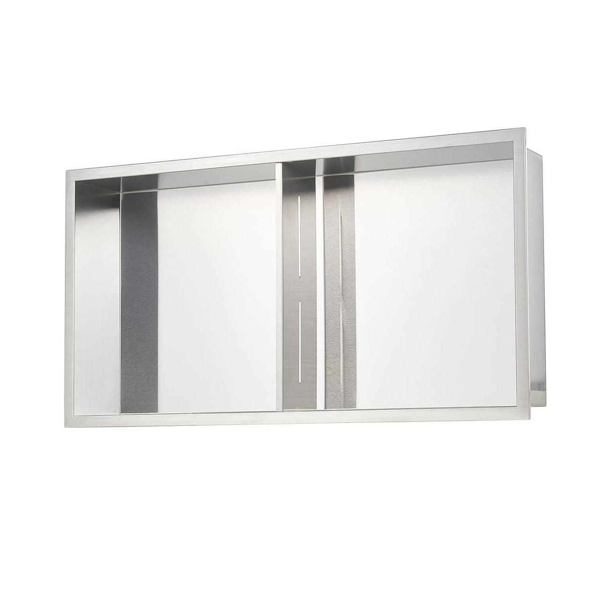 Recessed stainless steel shower niche shelf back view with interior dividers