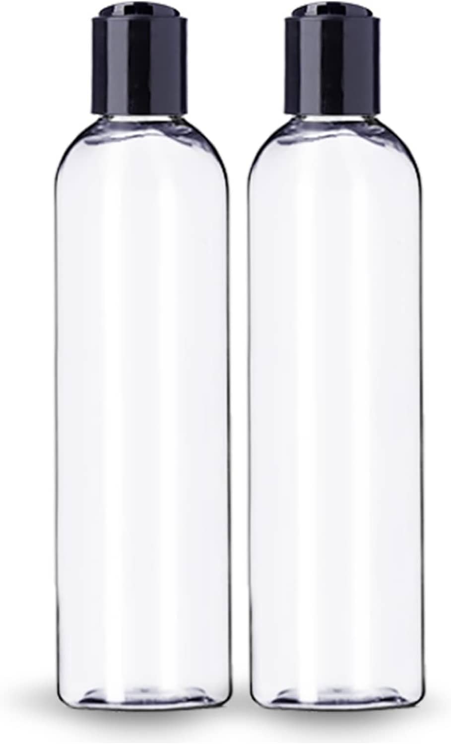 Two clear plastic empty bottles with black disc top caps, refillable containers