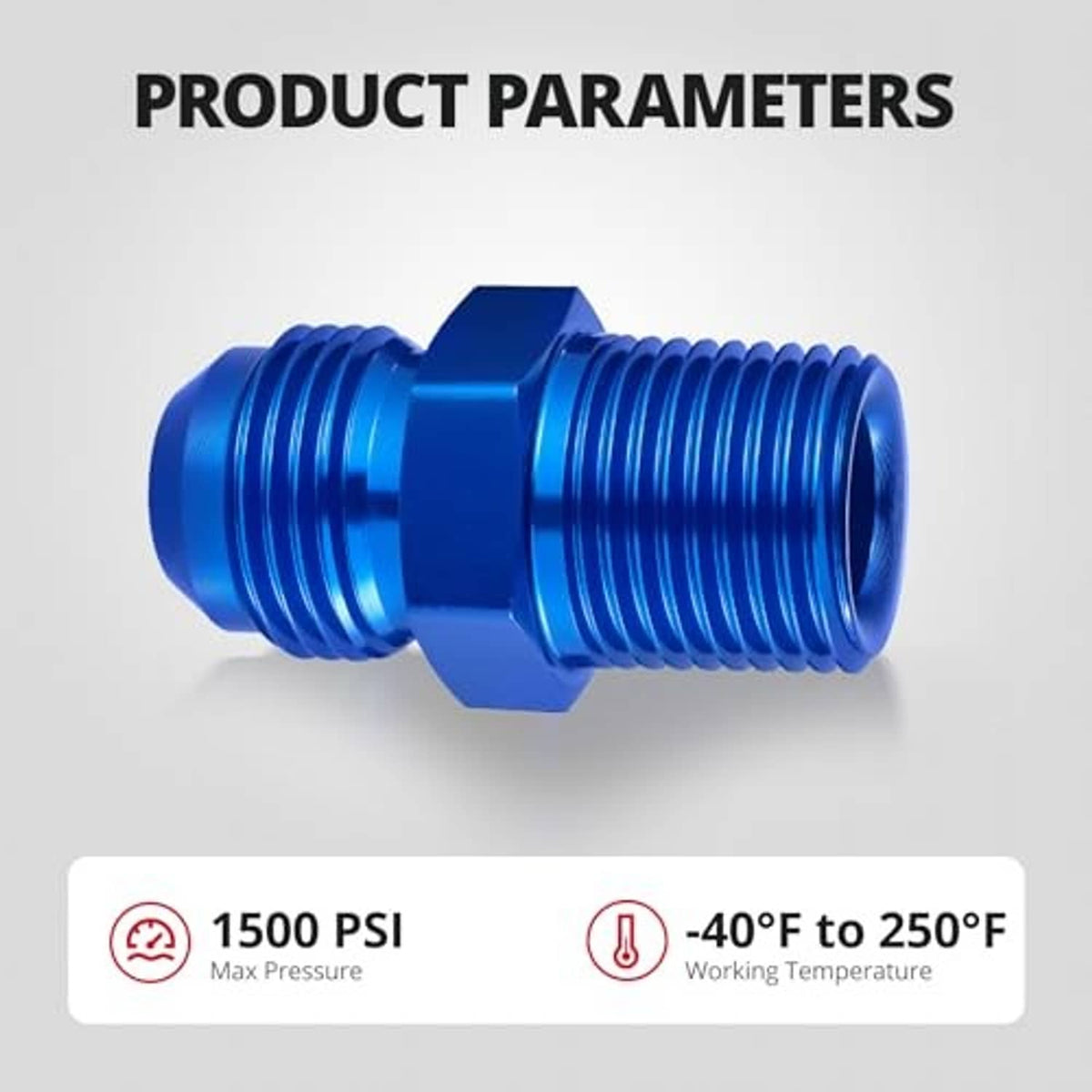 Blue straight flare adapter fitting rated to 1500 PSI and -40°F to 250°F