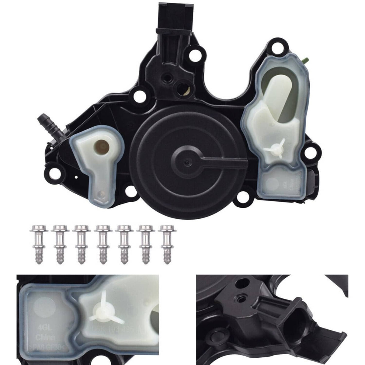PCV valve oil separator kit with black assembly, light green parts, and mounting bolts