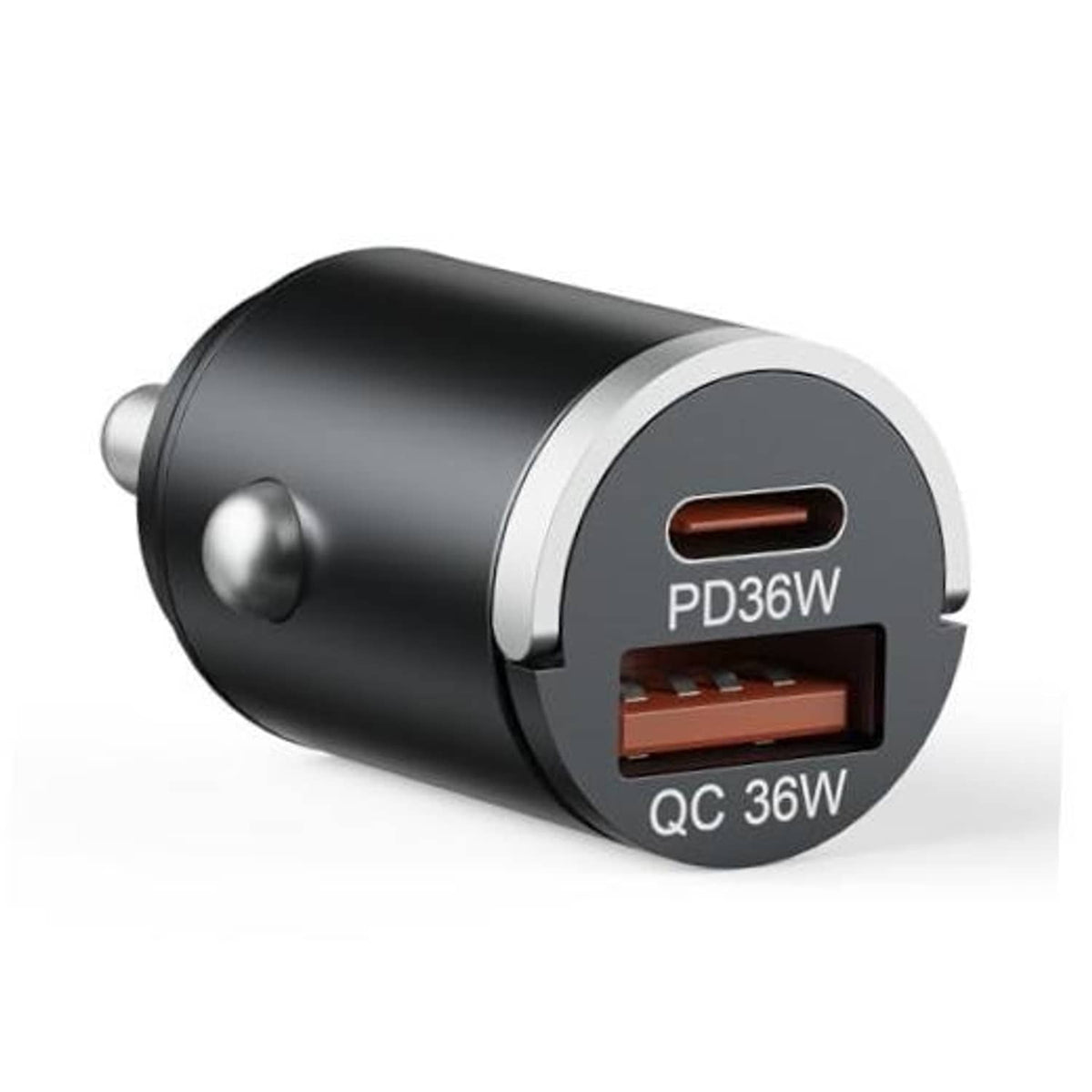 Black dual-port car USB-C charger with PD36W and QC36W ports, silver trim ring