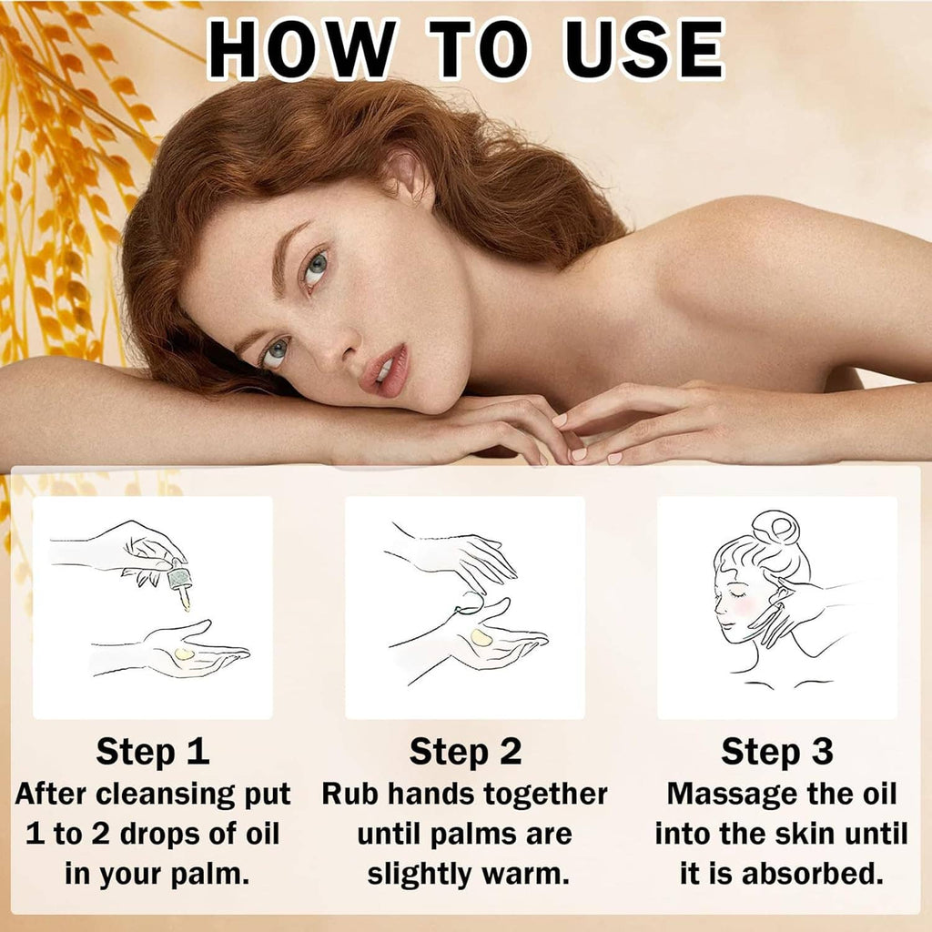 How-to use skincare serum bottle with white package, shown with application steps graphics