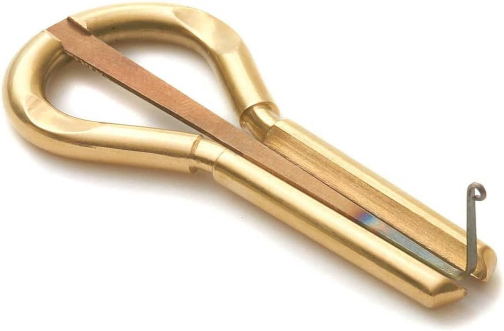 Brass jaw harp with wooden striker bar and curved loop frame