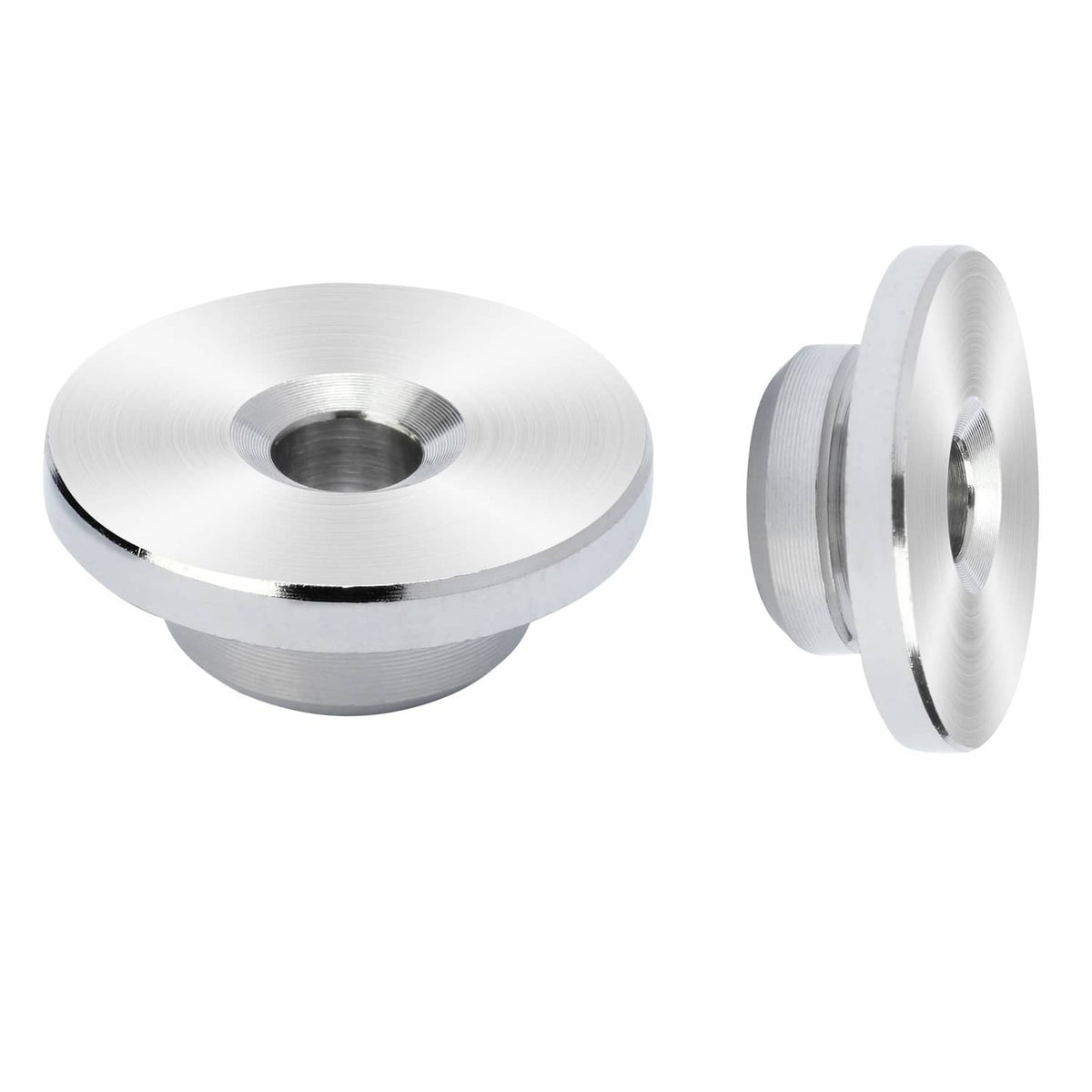 Silver cable railing wheel protector sleeve cap with center hole, flanged edge