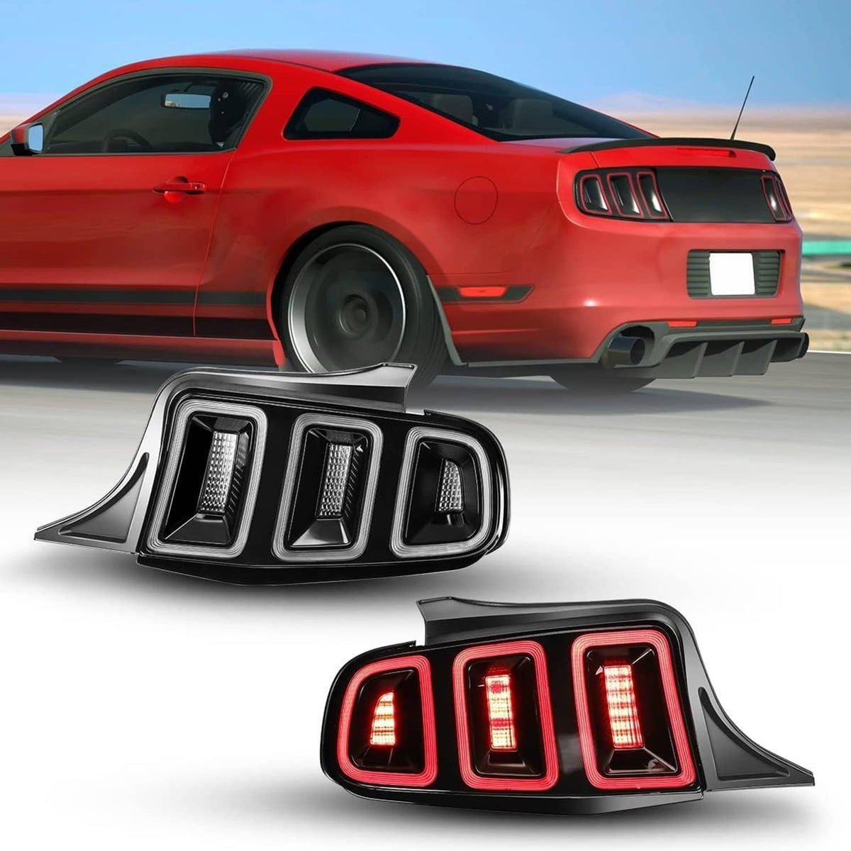 Black LED tail light pair with red rectangular light bars, shown on a car
