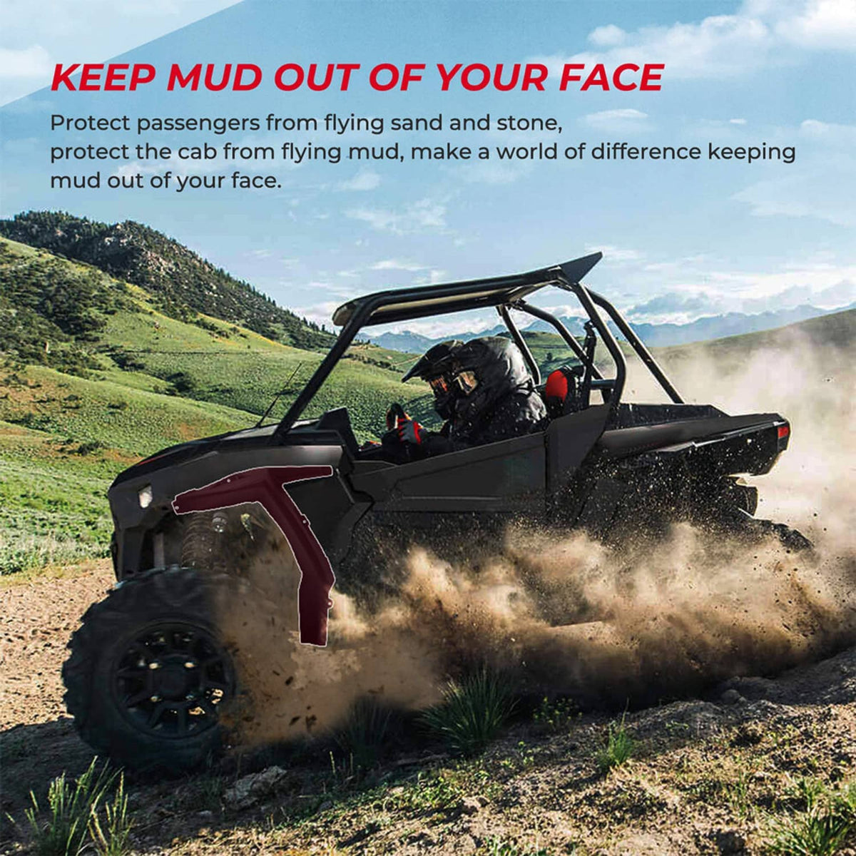 Front fender flare extension protecting the front wheel area on an off-road UTV