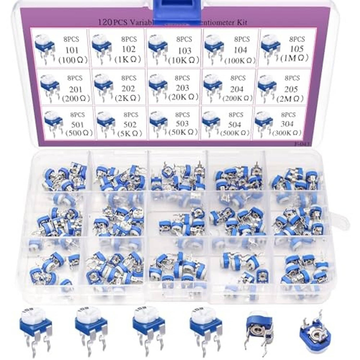 Clear organizer tray with blue 6mm trimmer potentiometers and metal leads, assorted values