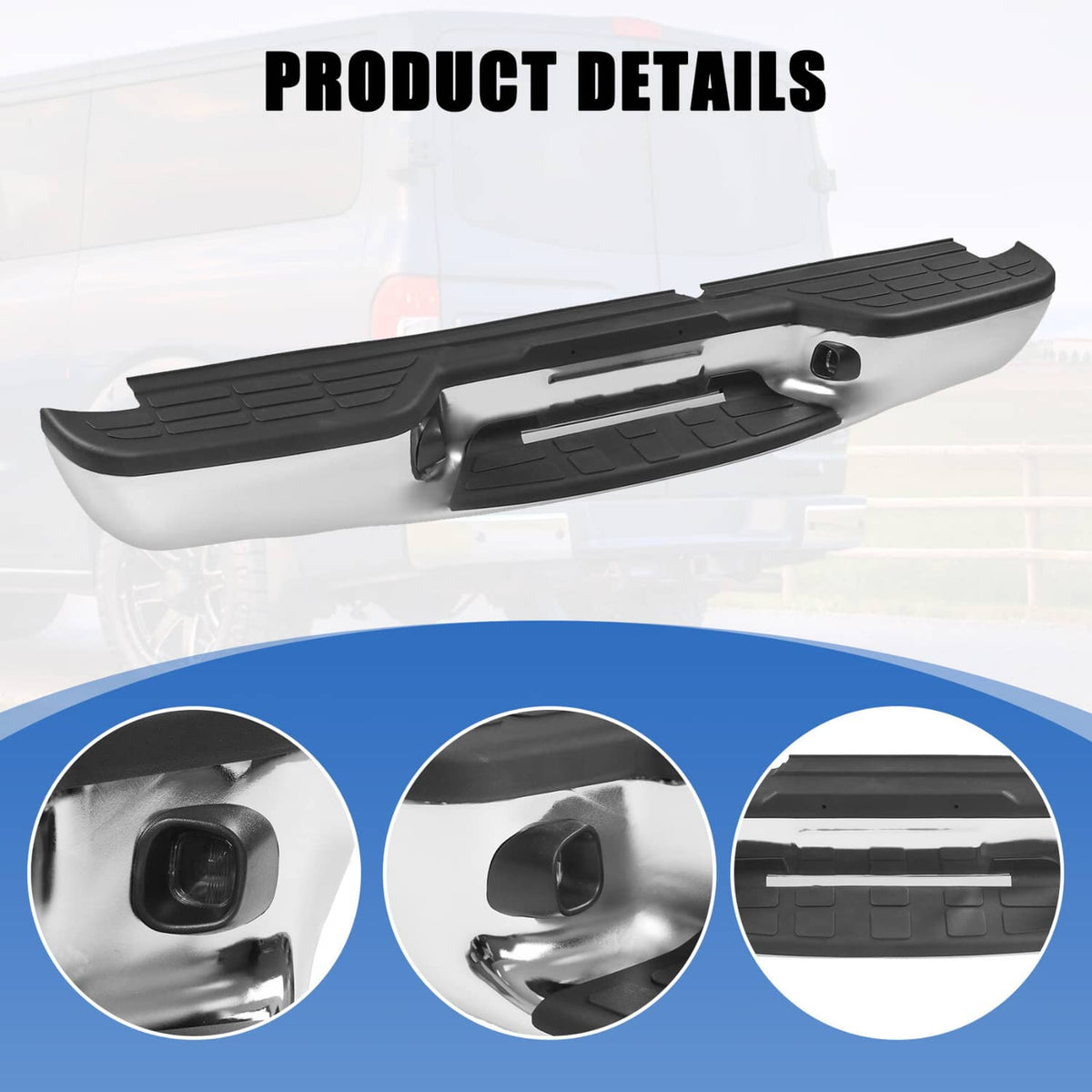 Rear step bumper assembly featuring black textured step pad and chrome-style end details