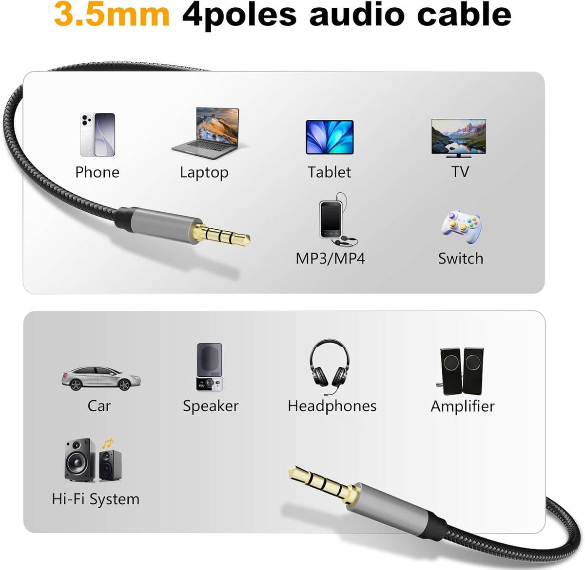 3.5mm 4-pole audio aux cable with black nylon braided cord and gold-plated connectors