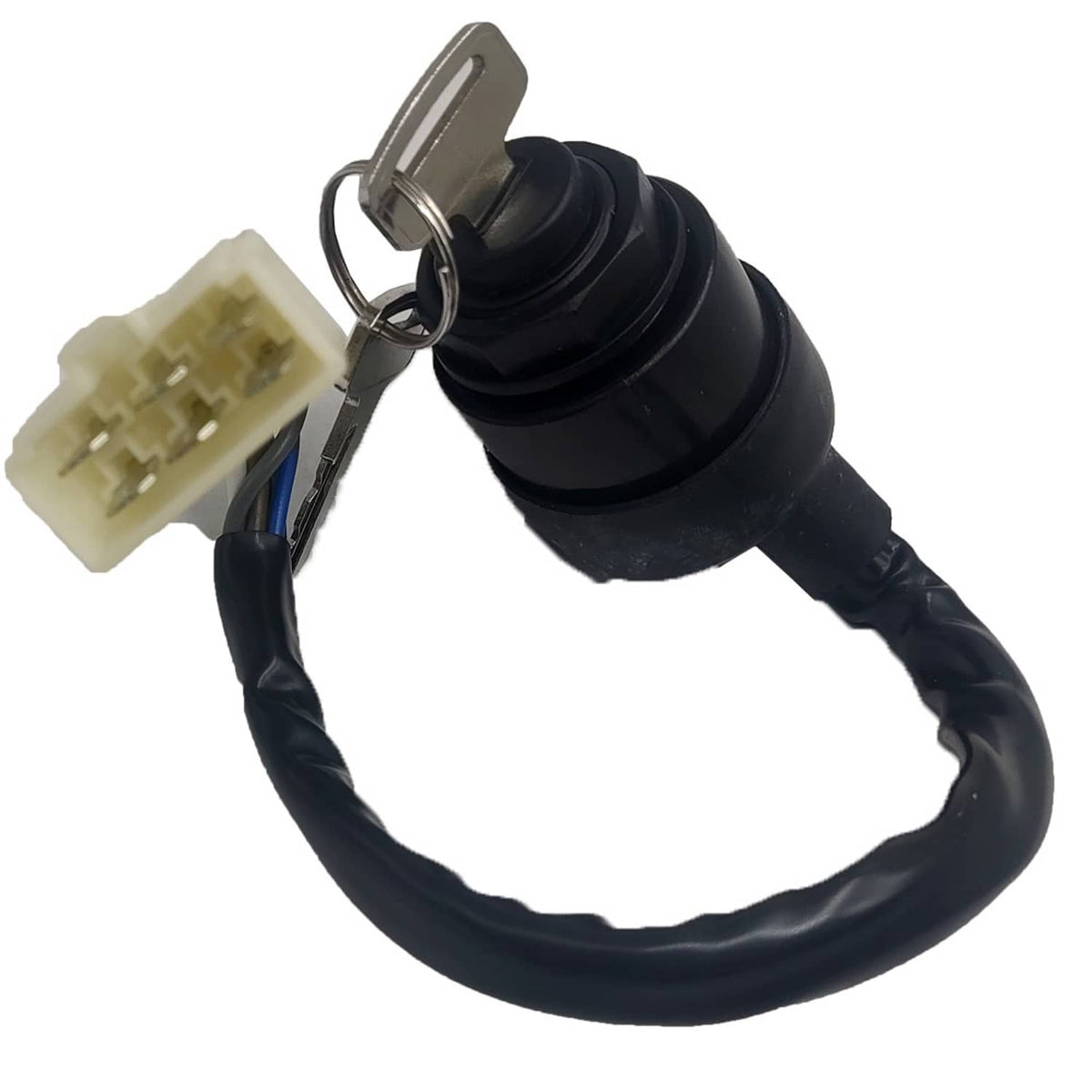 Ignition key switch with black housing, wiring harness, and metal key cylinder with keys