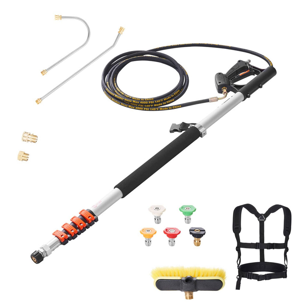 Telescoping pressure washer wand with brush head and spray gun, plus nozzle connectors