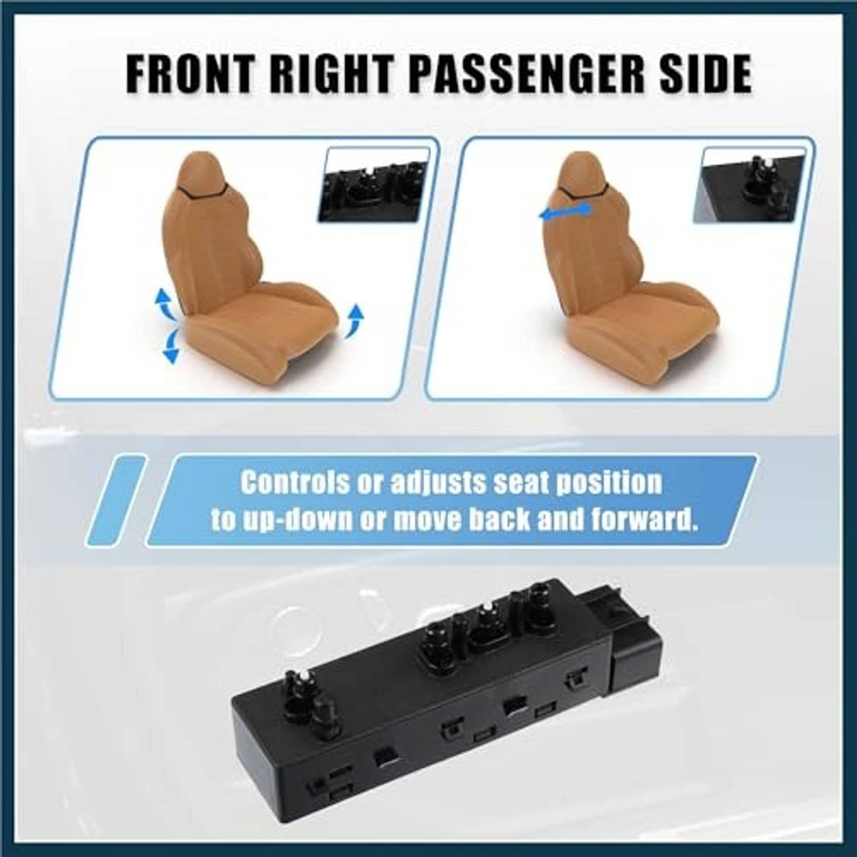 Front passenger side seat control switch module with black knob and port layout
