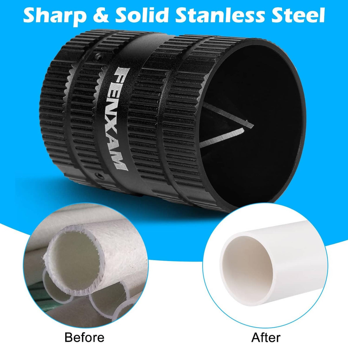 Black FENXAM stainless steel reamer tool with inner blade teeth in close-up