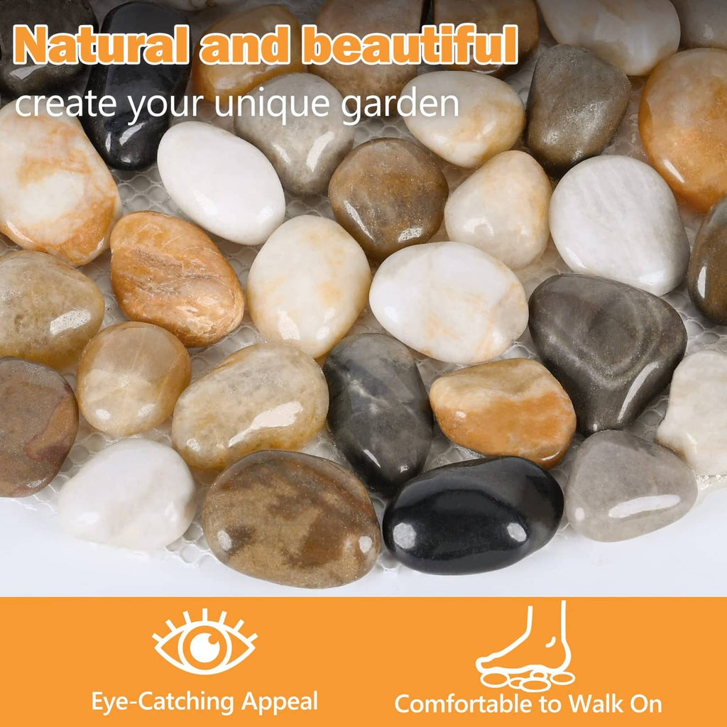 River rock stepping stone mat with mixed white, tan, brown, gray, and black stones