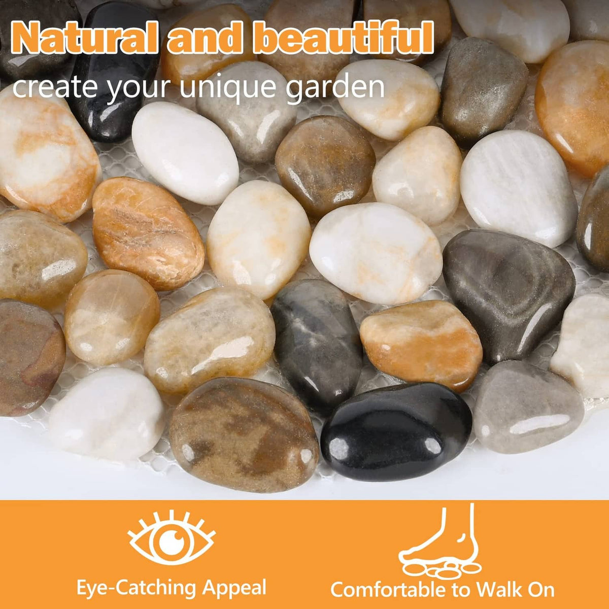 River rock stepping stone mat with mixed white, tan, brown, gray, and black stones