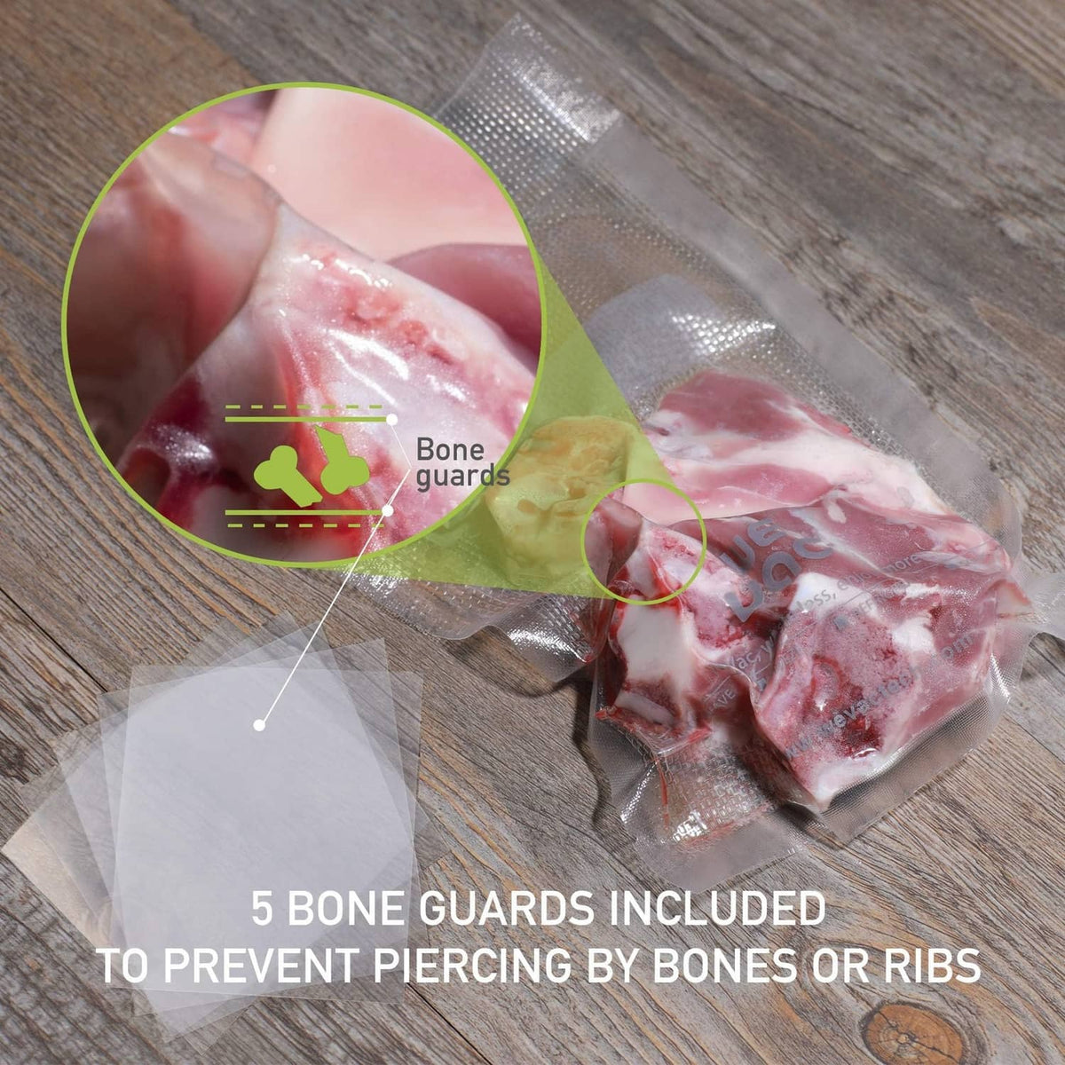 Silver vacuum sealer bag protecting meat with bone guard padding to prevent piercing
