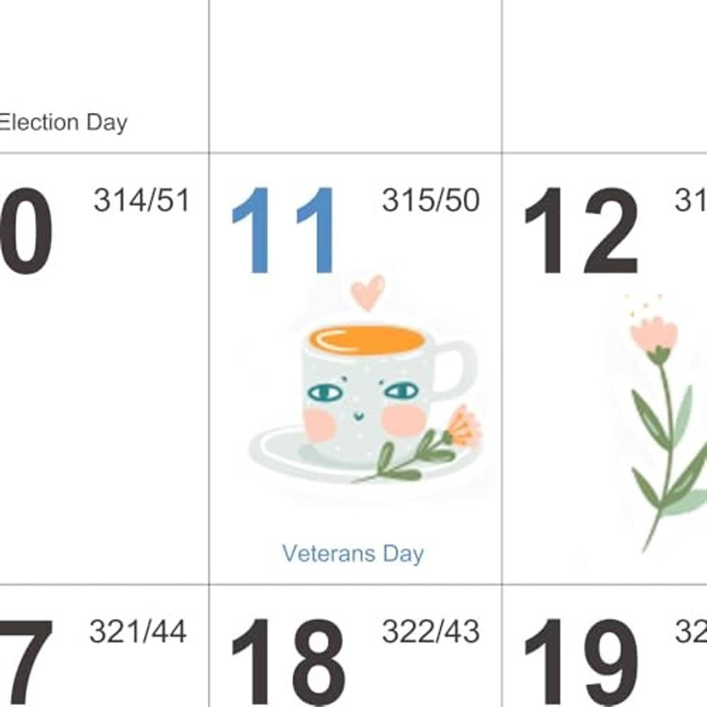 Close-up of calendar days with event icons and words on a blue-themed layout