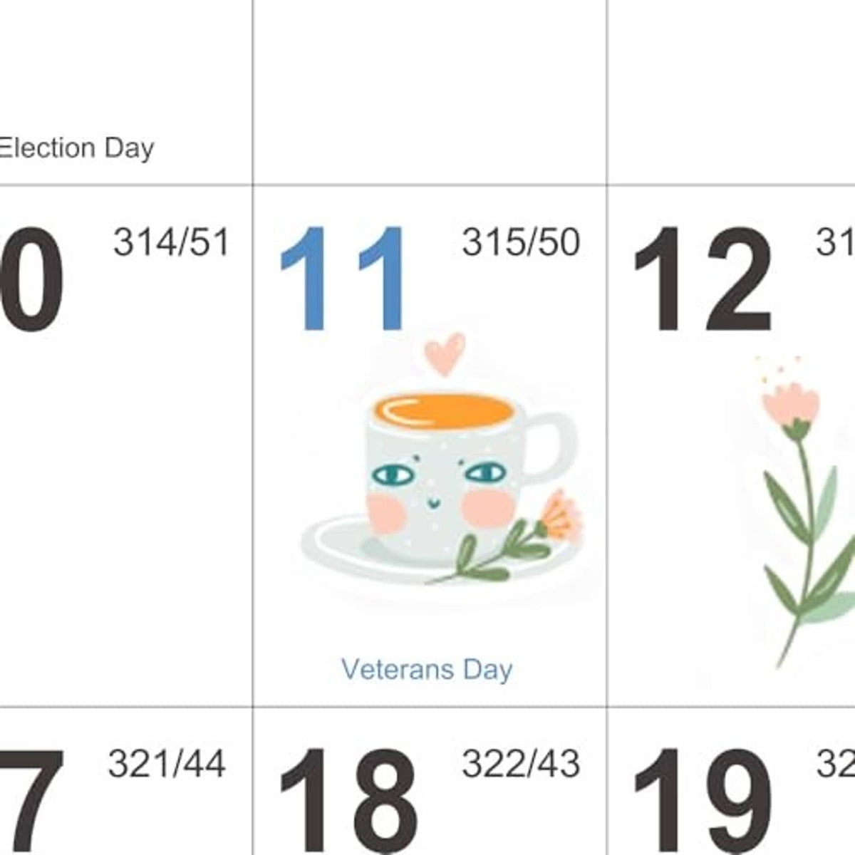 Close-up of calendar days with event icons and words on a blue-themed layout