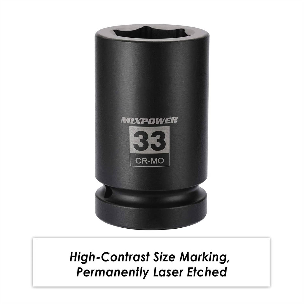Black 1-inch drive impact socket with laser-etched 33mm size marking
