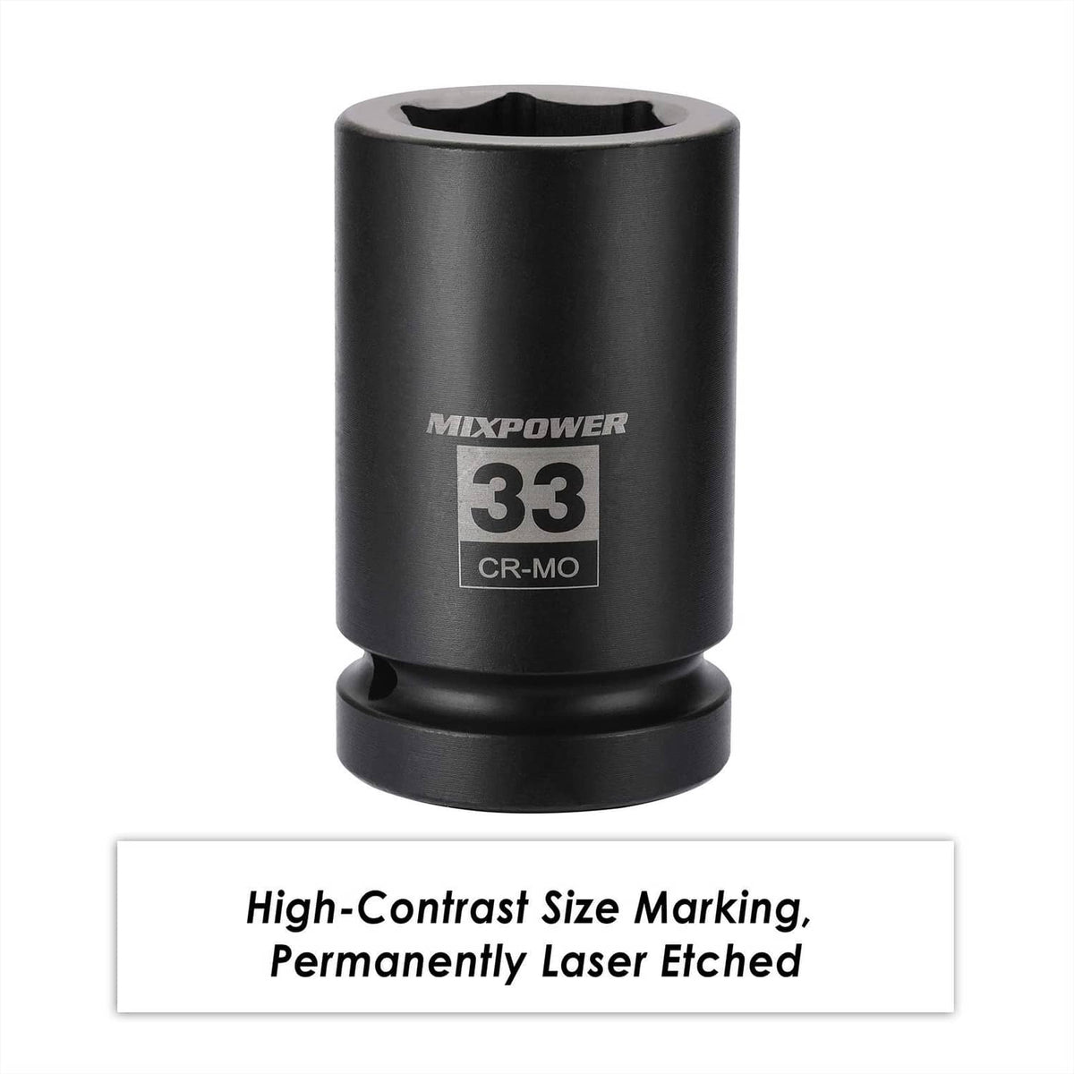 Black 1-inch drive impact socket with laser-etched 33mm size marking