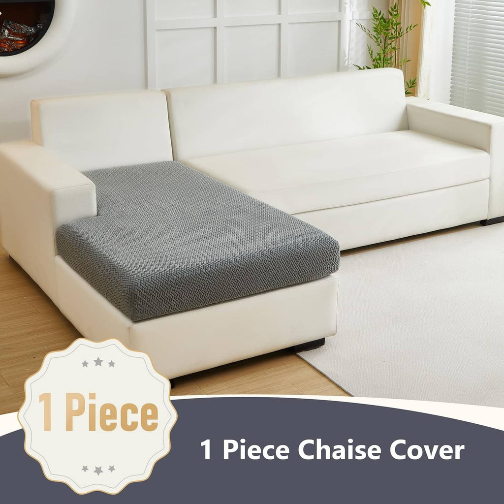 Gray textured chaise cushion cover over white chaise seat and armrest
