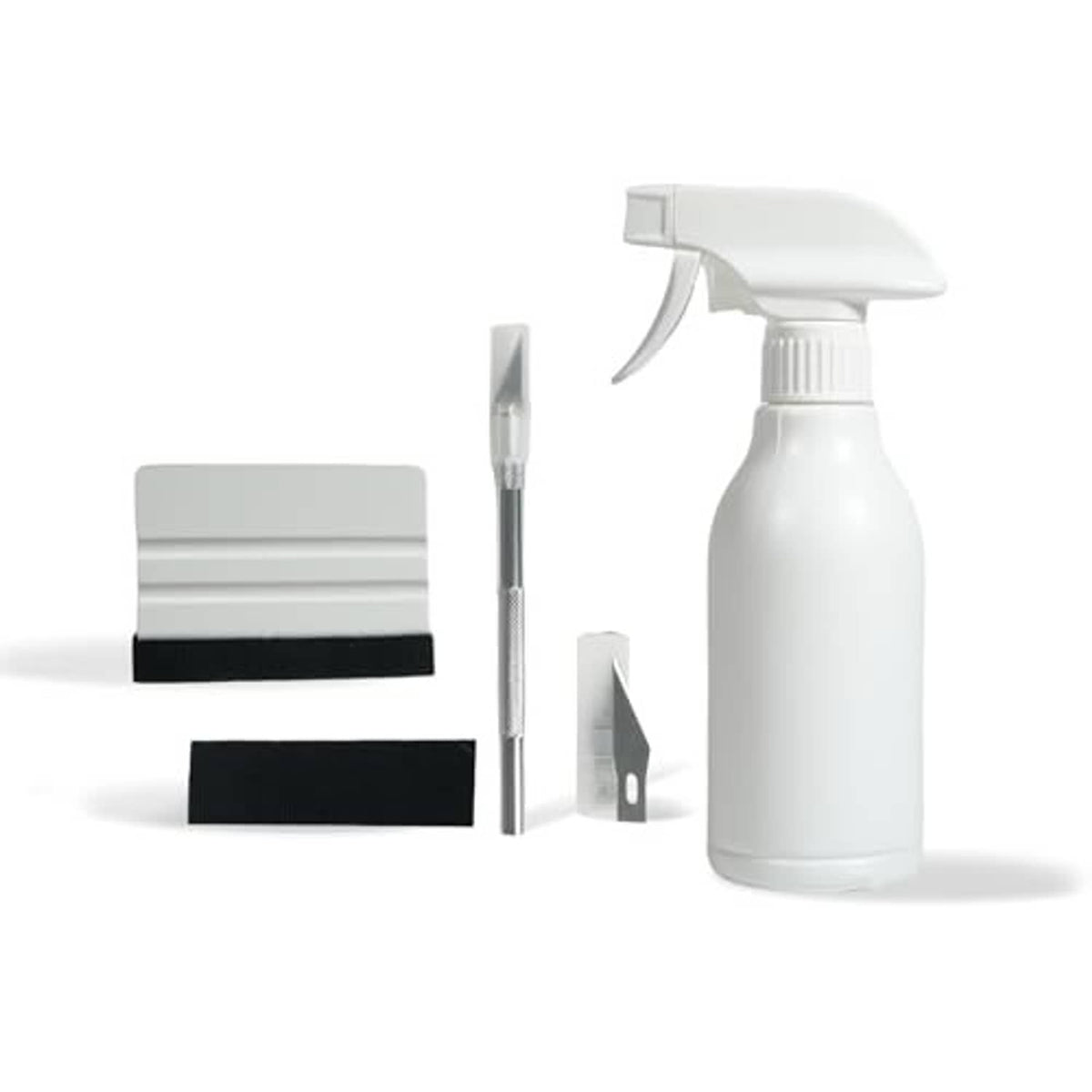 5-piece car window tint tool set with spray bottle, scraper, utility knife, and blades