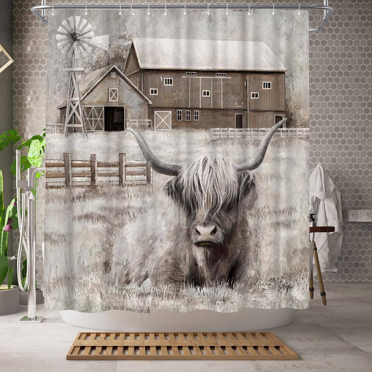 Highland cow shower curtain with farmhouse barn scene graphic, gray and white print