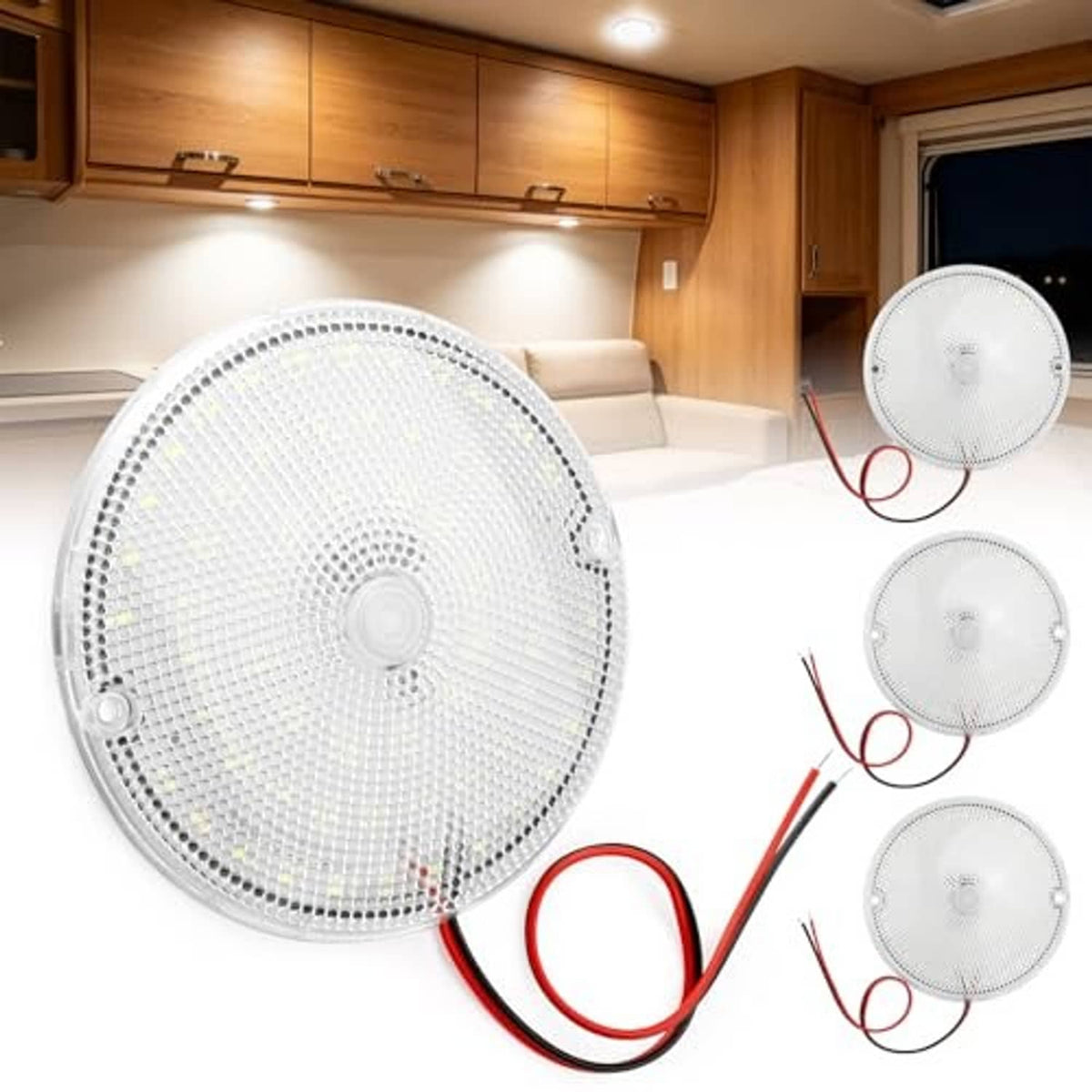 Set of round LED ceiling dome lights with white diffusers and red/black wire connections