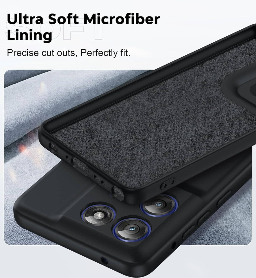 Black case with microfiber lining and snug camera openings for phone protection