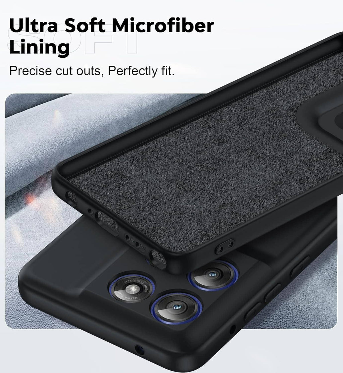 Black case with microfiber lining and snug camera openings for phone protection