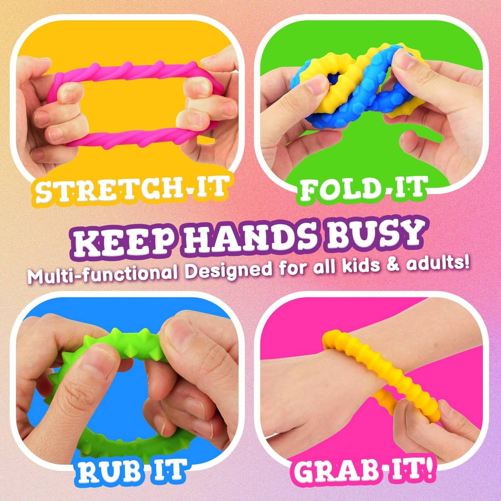 Colorful silicone fidget bracelets in hands, stretch, fold, rub, and grab
