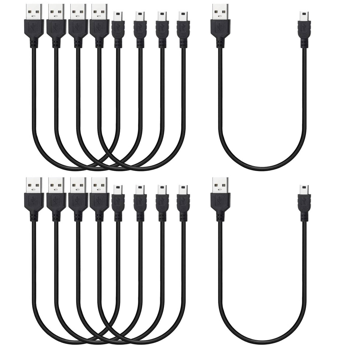 Black 1 ft mini USB cable 10-pack with USB-A plugs and mini USB connectors