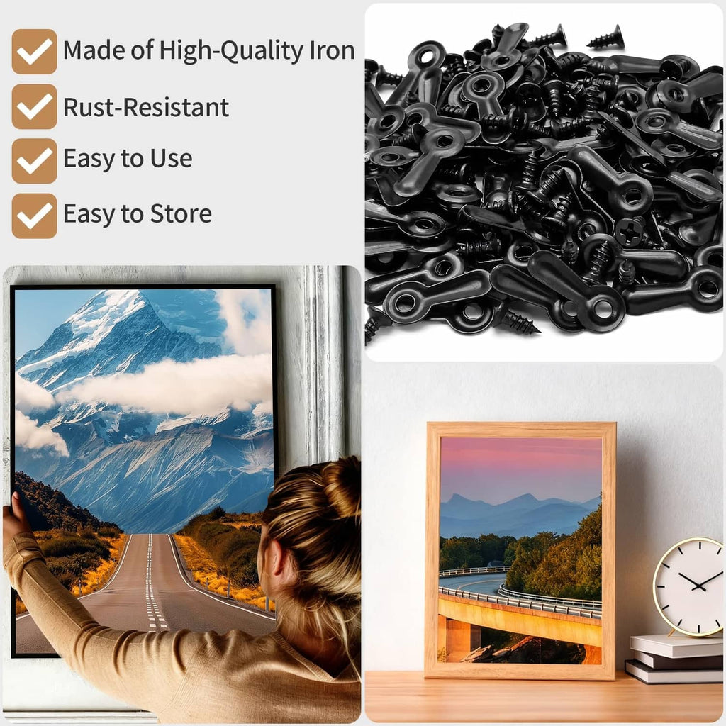 Black iron turn buckle fasteners set with multiple screws for photo frame mounting.