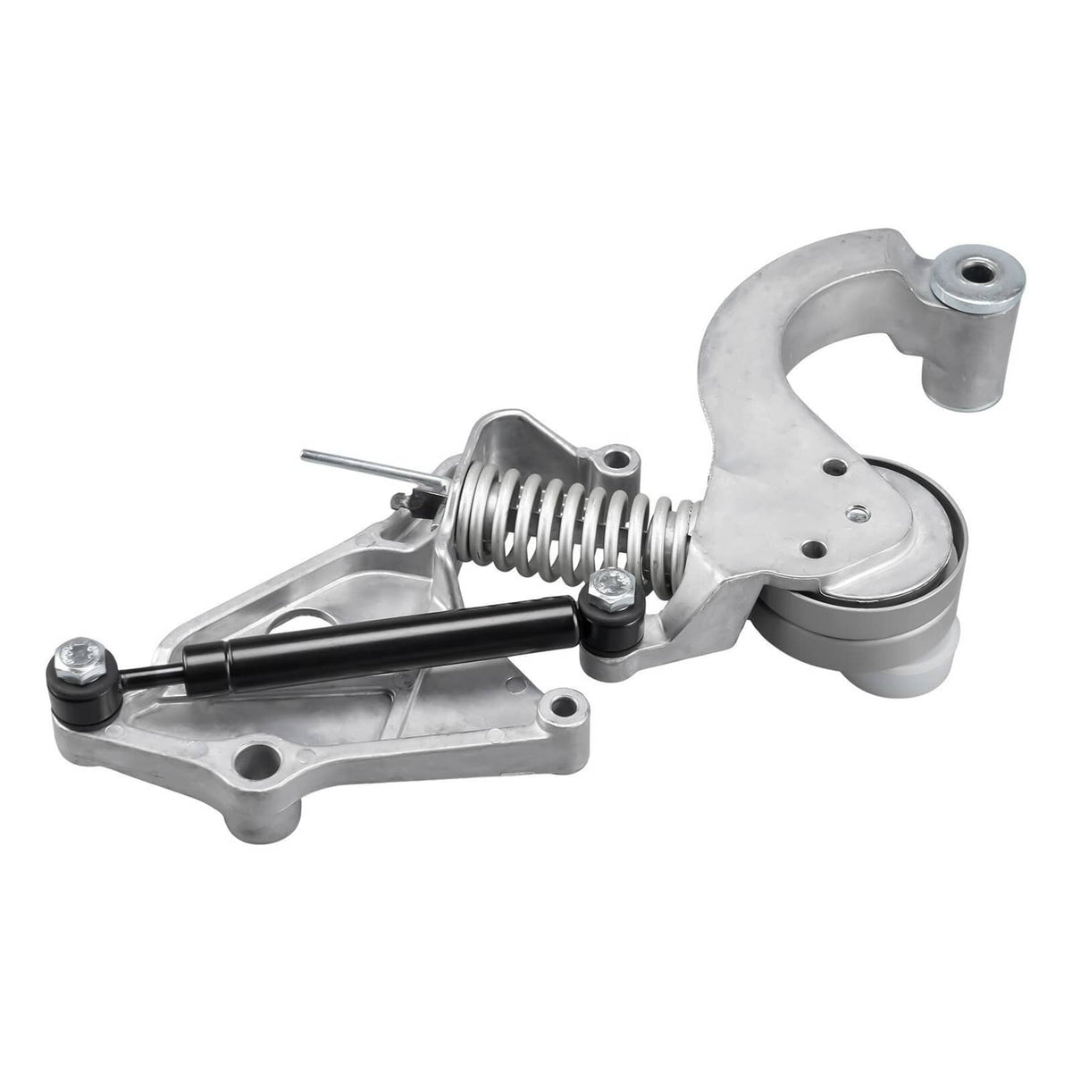 Belt tensioner with pulley, coil spring, and black rod linkage on silver arm.