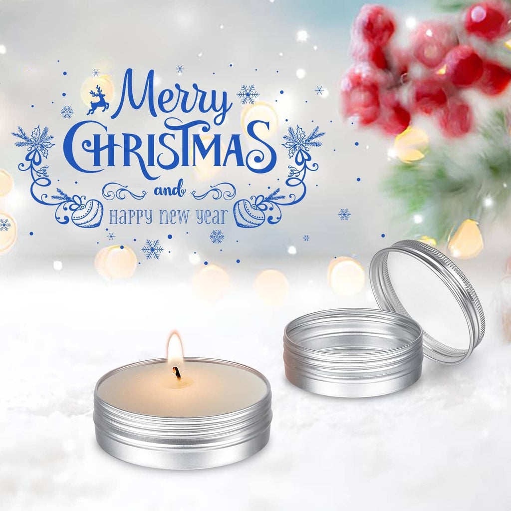 Round aluminum tin candle holders with screw-top lids, silver