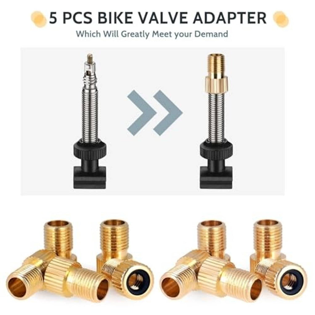 5-pack brass Presta-to-Schrader bike valve adapters, multiple threaded adapters with ports
