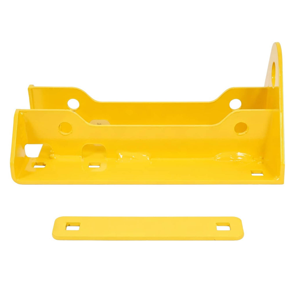 Yellow hitch bracket with two end tabs and separate mounting strap