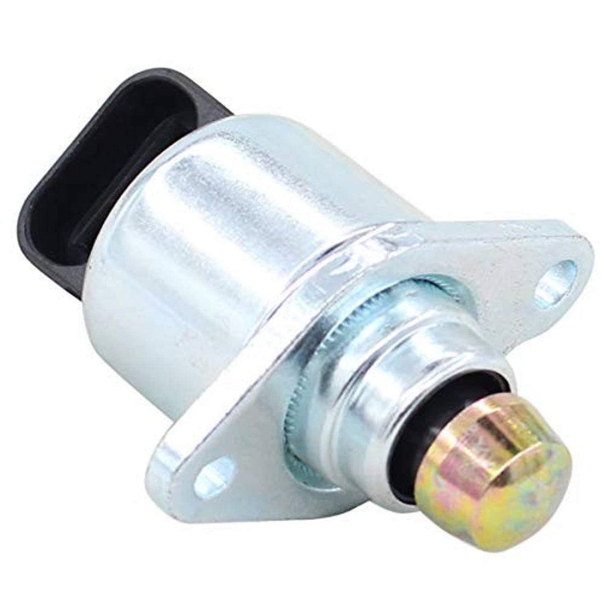IAC valve with silver bracket and rainbow-tinted screw cap, black connector opening