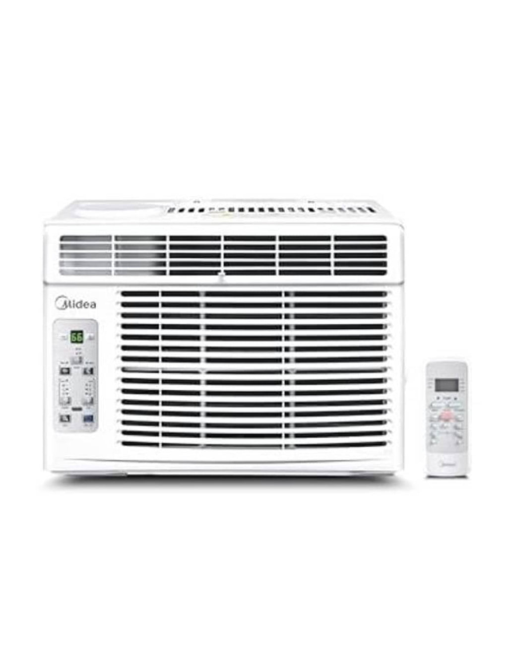 White front view window air conditioner with control panel and separate remote control unit.