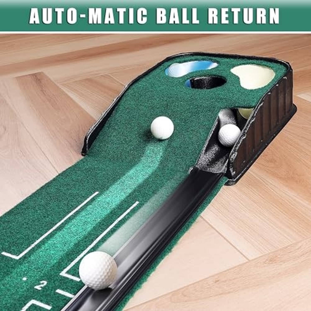 Green putting mat showing side ball return channels and target holes with balls