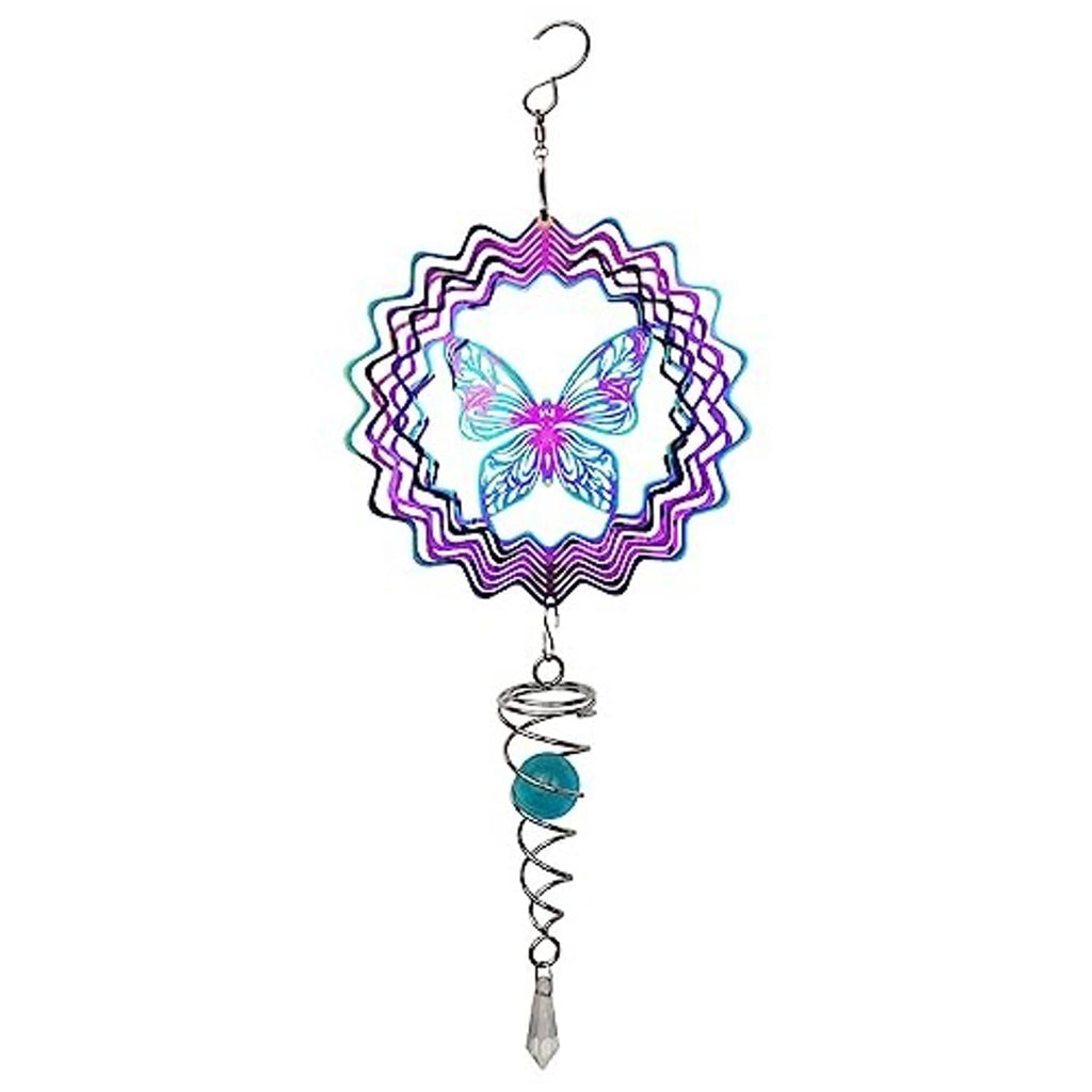 Butterfly wind spinner with multicolor ruffled disc, blue bead orb on spiral tail