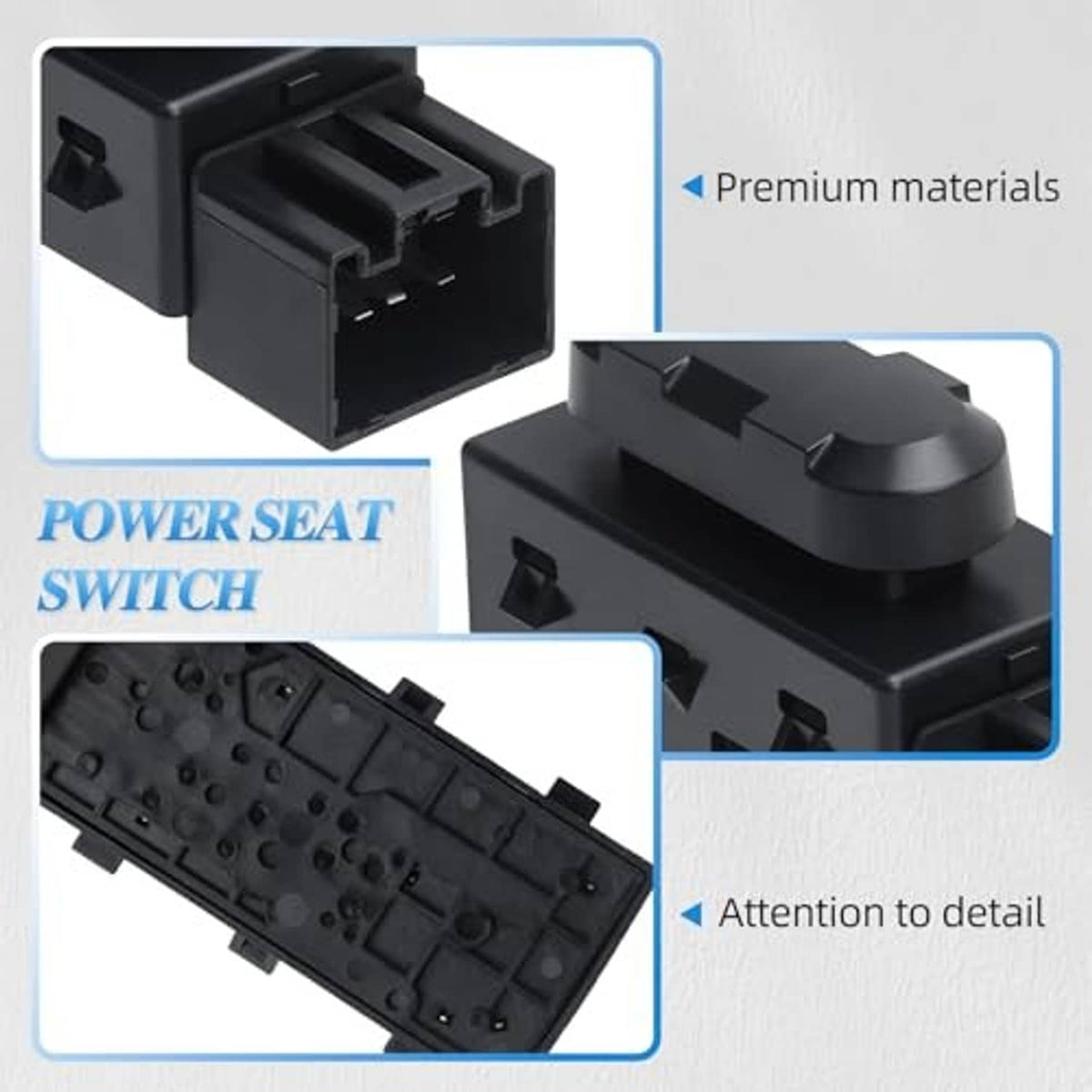 Black power seat switch with detailed housing and socket ports