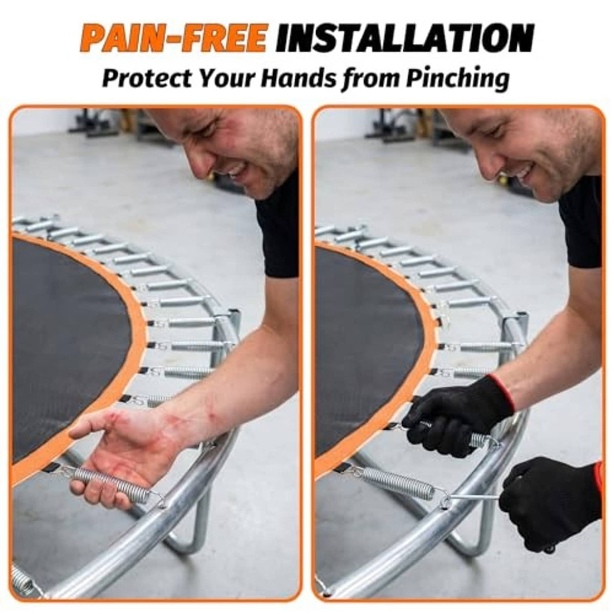 Trampoline replacement mat installation, black mat with orange trim and V-hook springs