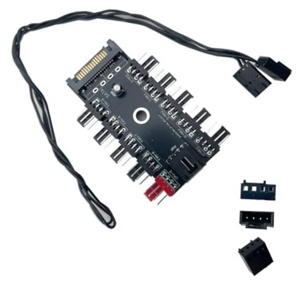 10-way PWM PC fan hub PCB with 4-pin header and black power cable