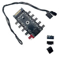10-way PWM PC fan hub PCB with 4-pin header and black power cable