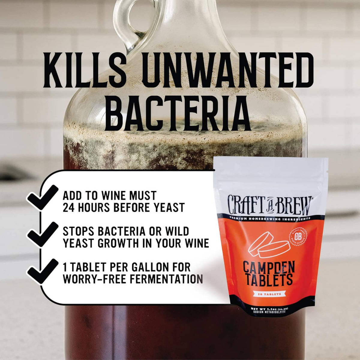 Campden Tablets pouch with icons for killing unwanted bacteria in wine